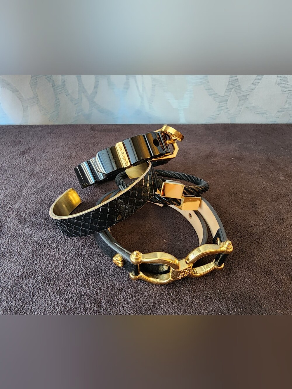 Rustic Cuff 4-Piece Black & Gold Bracelet Stack Gemini Wrap, Cable & Tile Charms